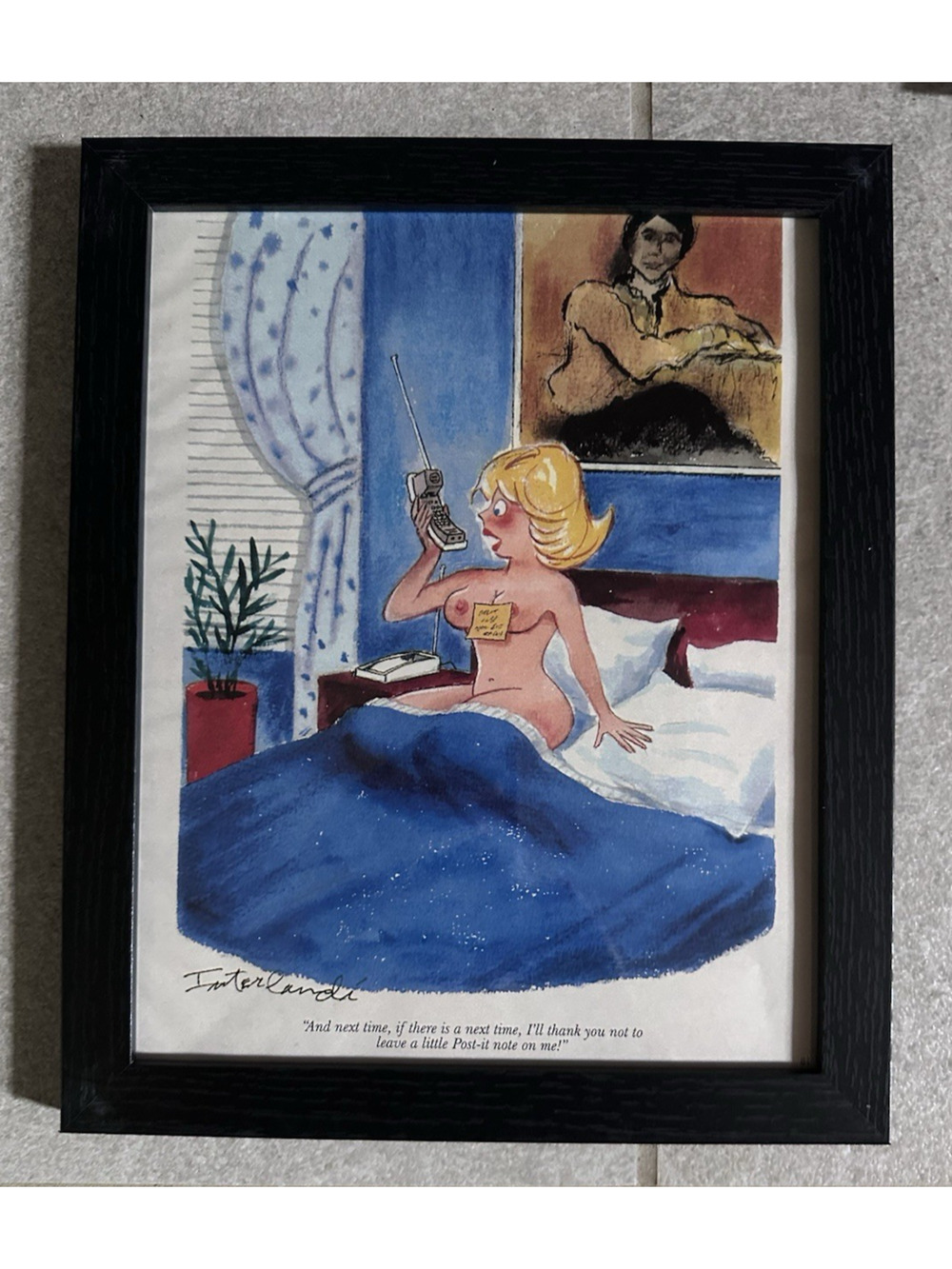 Framed 1980s Playboy Adult Cartoon Leave Post-it Note on me Art P. Interlandi